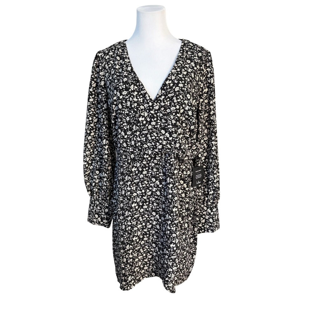 Lulus Floral Prairie Long Sleeve Mini Faux Wrap Dress XL Black Girly Danty NWT‎